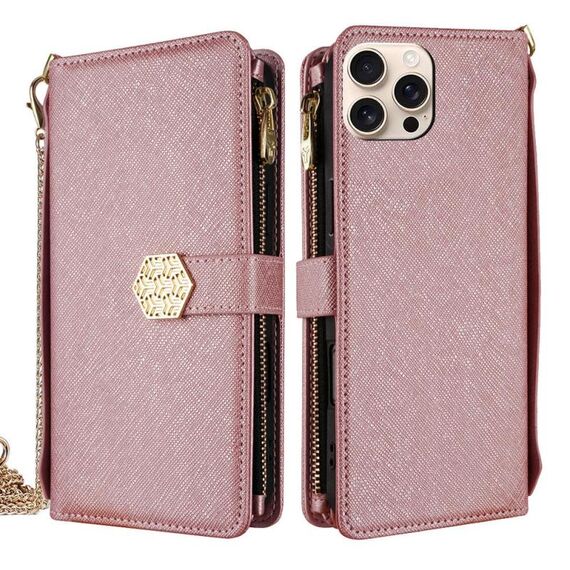 Per iPhone 12 Pro Max Custodia a tracolla in pelle con texture incrociata (oro rosa)