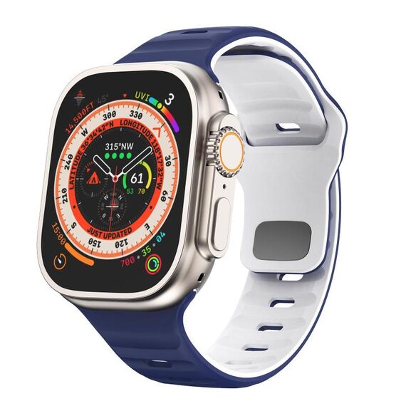 Per Apple Watch 46mm / 49mm / 45mm / 44mm Kalebol Wave Reverse Buckle Cinturino in silicone bicolore (blu notte bianco)