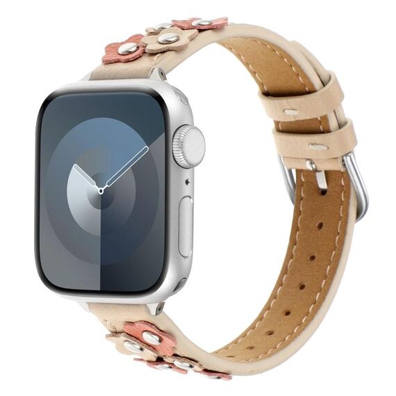Per Apple Watch 46mm / 49mm / 45mm / 44mm Cinturino in pelle con borchie Kalebol Flower (albicocca latte)