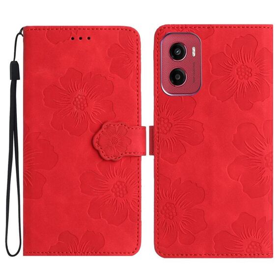 Per Motorola Moto G05 Custodia in pelle con motivo a rilievo floreale (rosso)