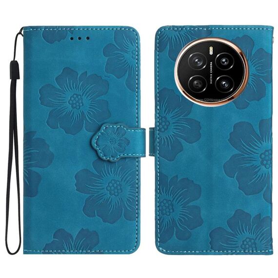 Custodia in pelle con motivo a rilievo floreale per Honor Magic7 (blu)