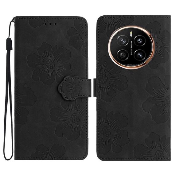 Custodia in pelle con motivo in rilievo floreale per Honor Magic7 (nero)