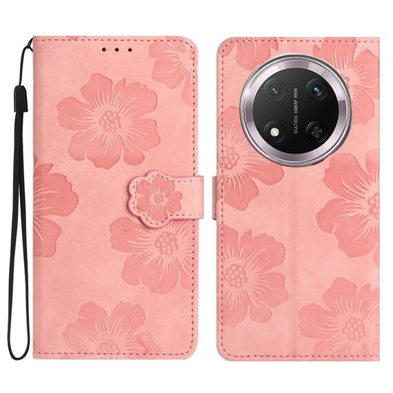 Custodia per telefono in pelle con motivo a rilievo floreale per Honor X9C (rosa)
