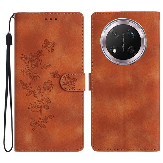 Custodia in pelle per telefono con motivo a farfalla e fiore per Honor X9c (marrone)