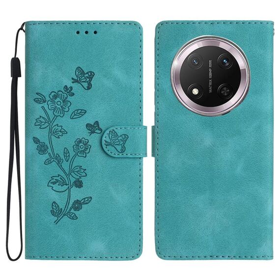 Custodia in pelle con motivo a farfalla e fiore per Honor X9c (blu cielo)