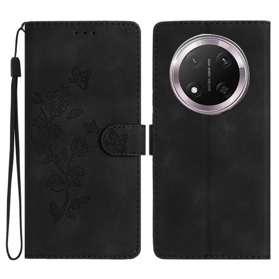 Custodia in pelle con motivo a farfalla e fiore per Honor X9c (nero)