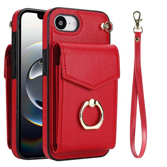 Per iPhone 16e Custodia per telefono con anello RFID e slot per schede (rosso)