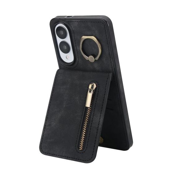 Per Samsung Galaxy S25 Edge 5G Custodia per telefono con anello retrò e cerniera RFID Card Slot (nero)