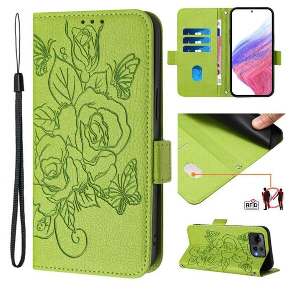 Per Asus Zenfone 12 Ultra Custodia in pelle antifurto RFID con motivo a rose in rilievo (verde)
