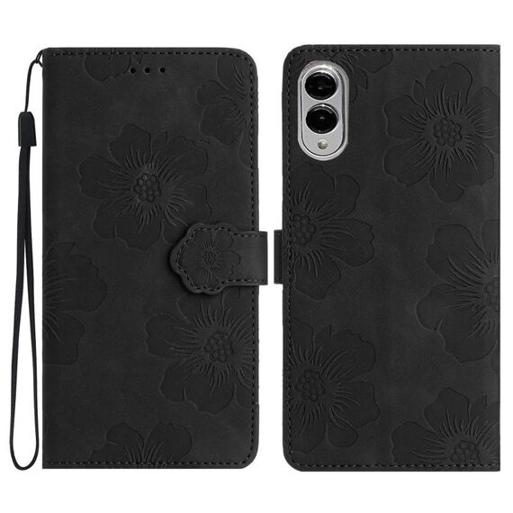 Per Samsung Galaxy S25 Edge 5G Custodia in pelle con motivo a rilievo floreale (nero)