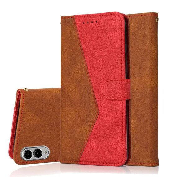 Per Samsung Galaxy S25 Edge 5G Custodia per telefono in pelle con cuciture bicolore (marrone rosso)