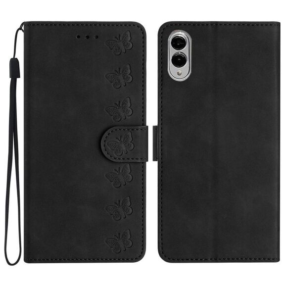 Per Samsung Galaxy S25 Edge 5G Custodia per telefono in pelle goffrata Seven Butterflies (nero)