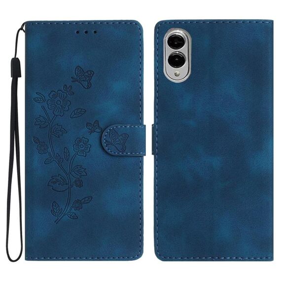 Per Samsung Galaxy S25 Edge 5G Custodia in pelle con motivo a farfalla e fiore (blu)
