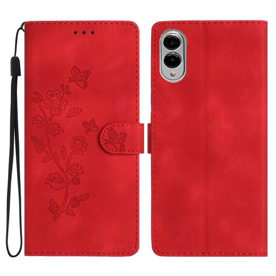 Per Samsung Galaxy S25 Edge 5G Custodia in pelle con motivo a farfalla e fiore (rosso)