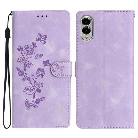 Per Samsung Galaxy S25 Edge 5G Custodia in pelle con motivo a farfalla e fiore (viola)