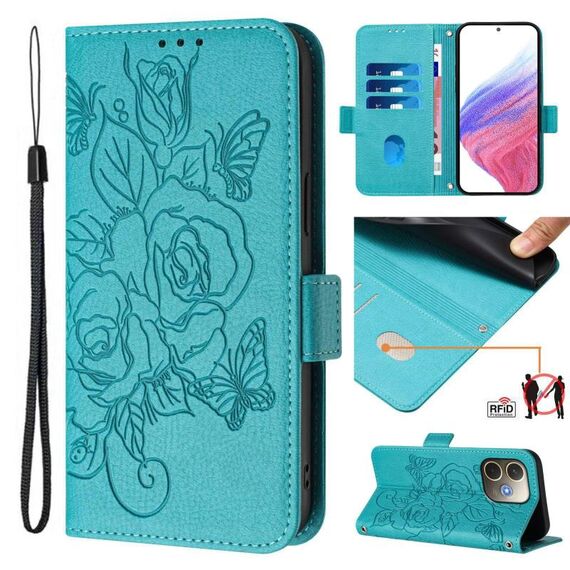 Per OPPO A5 Pro 5G Global Embossed Rose RFID Anti-theft Custodia in Pelle per Telefono (Blu Chiaro)