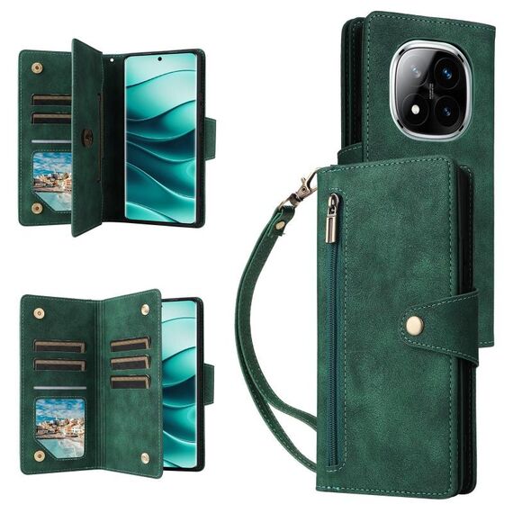 Per Redmi Note 14 Pro 5G Rivet Buckle 9 Carte Custodia per telefono in pelle a tre pieghe (verde)