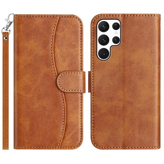 Per Samsung Galaxy S22 Ultra 5G Custodia in pelle a forma di S con doppia piegatura (marrone)