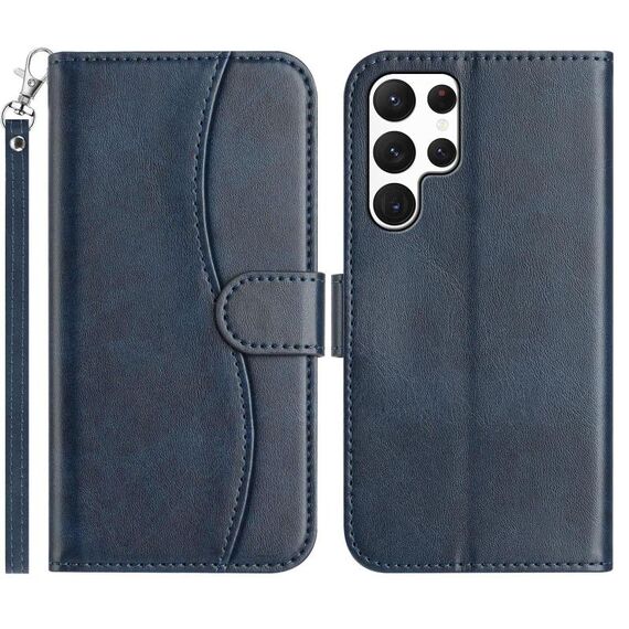 Per Samsung Galaxy S22 Ultra 5G Custodia in pelle a forma di S a doppia piega (blu navy)