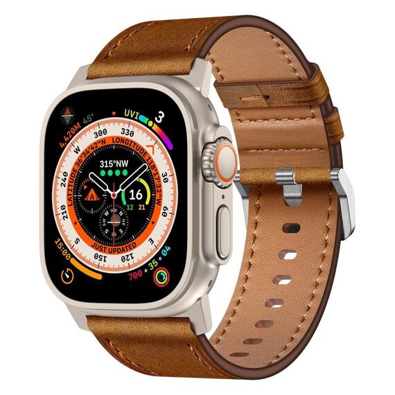 Per Apple Watch 46mm / 49mm / 45mm / 44mm Kalebol Cinturino in Vera Pelle (Titanio Rosso Marrone)