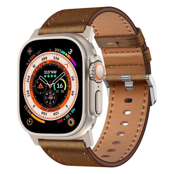 Per Apple Watch 46mm / 49mm / 45mm / 44mm Kalebol Cinturino in Vera Pelle (Titanio Marrone Scuro)