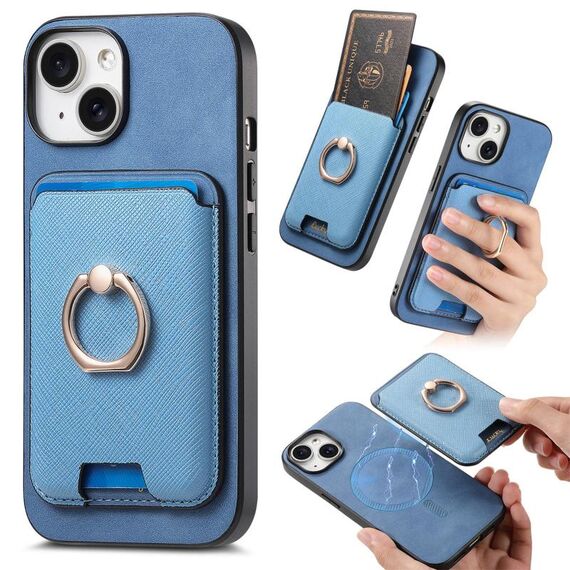 Per iPhone 15 Plus Retro Cross Leather Card Bag MagSafe Custodia per telefono (blu)