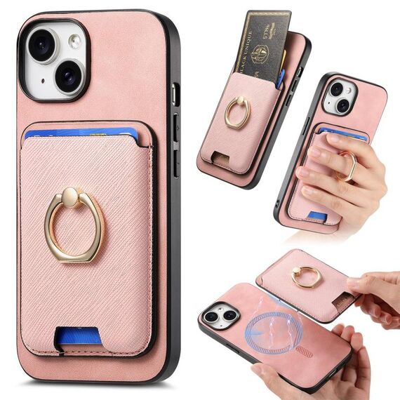 Per iPhone 15 Plus Retro Cross Leather Card Bag MagSafe Custodia per telefono (rosa)