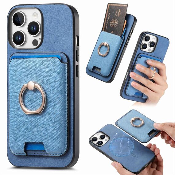 Per iPhone 15 Pro Max Retro Cross Leather Card Bag MagSafe Custodia per telefono (blu)