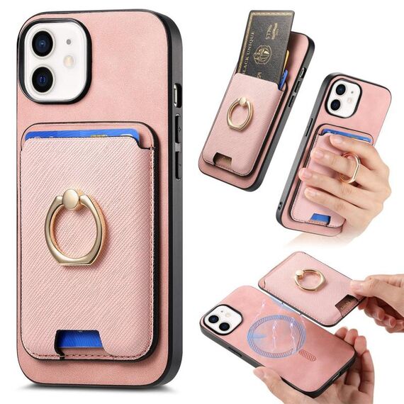 Per iPhone 12 Retro Cross Leather Card Bag MagSafe Custodia per telefono (rosa)