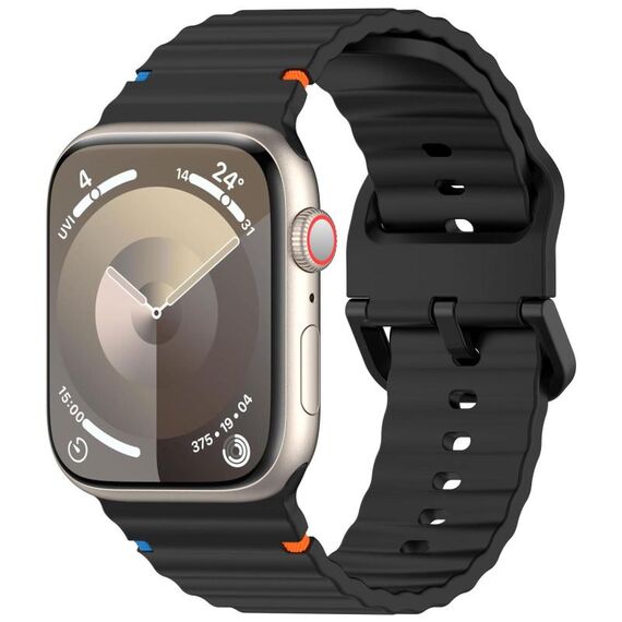 Per Apple Watch 46mm / 49mm / 45mm / 44mm Kalebol Wavy Grain Cinturino in silicone cucito (nero)