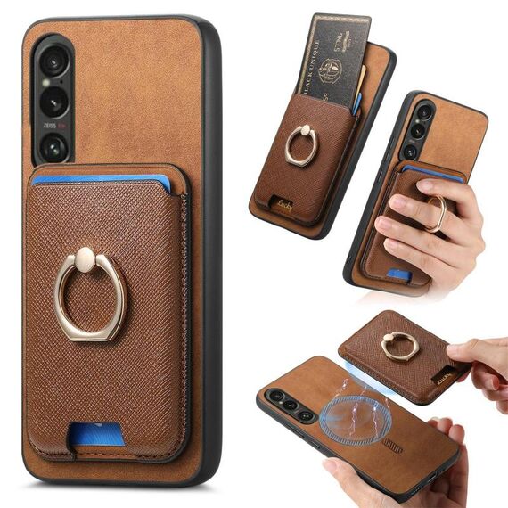 Per Sony Xperia 1 VI Retro Cross Leather Ring Vertical Insert Card Bag MagSafe Custodia per telefono (marrone)