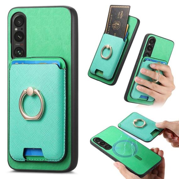 Per Sony Xperia 1 V Retro Cross Leather Ring Vertical Insert Card Bag MagSafe Custodia per telefono (verde)