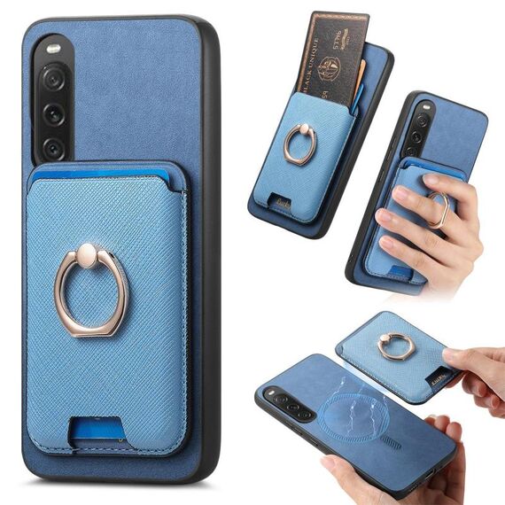 Per Sony Xperia 10 V Retro Cross Leather Ring Vertical Insert Card Bag MagSafe Custodia per telefono (blu)