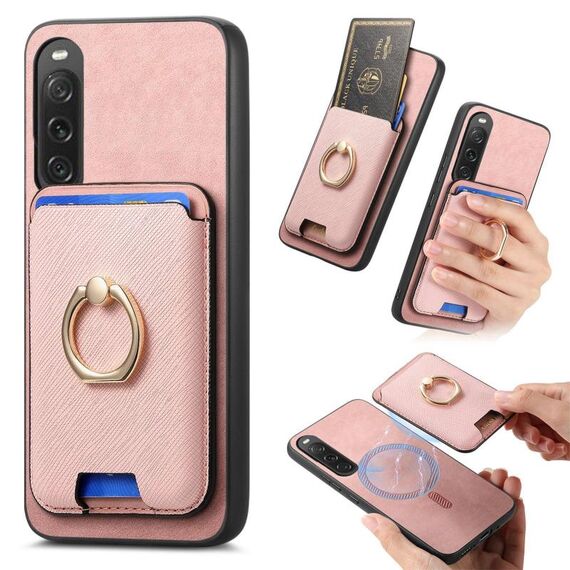 Per Sony Xperia 10 V Retro Cross Leather Ring Vertical Insert Card Bag MagSafe Custodia per telefono (rosa)