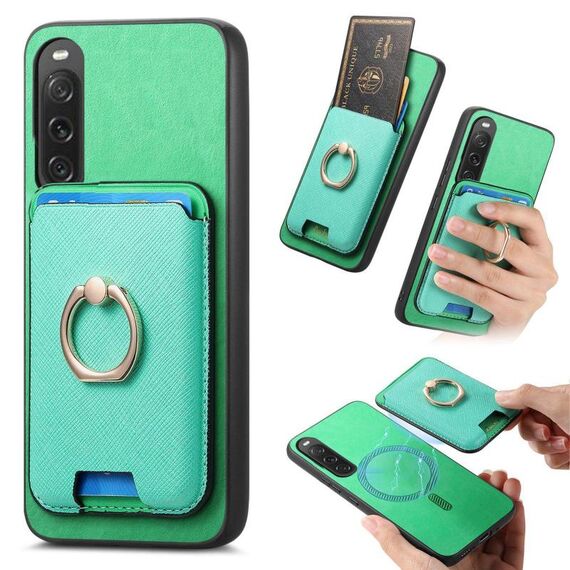 Per Sony Xperia 10 V Retro Cross Leather Ring Vertical Insert Card Bag MagSafe Custodia per telefono (verde)
