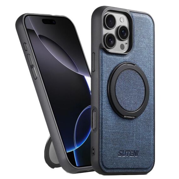 Per iPhone 16 Pro Max Suteni G3 360 Supporto Rotante MagSafe Custodia Posteriore in Pelle Denim per Telefono (Blu)