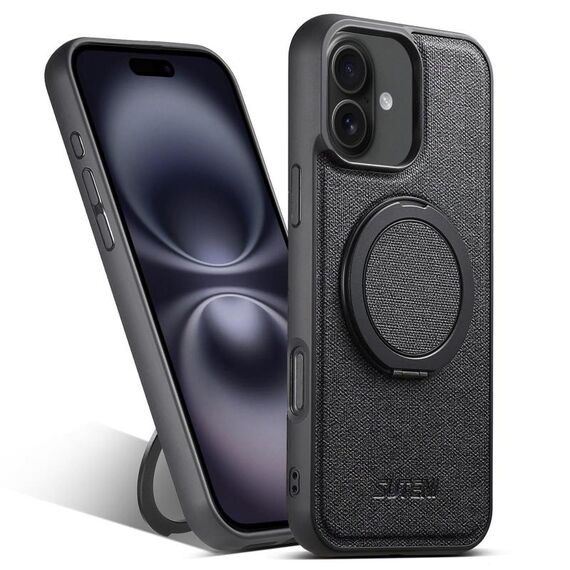 Per iPhone 16 Plus Suteni G3 360 Supporto Rotante MagSafe Custodia Posteriore in Pelle Denim per Telefono (Nero)