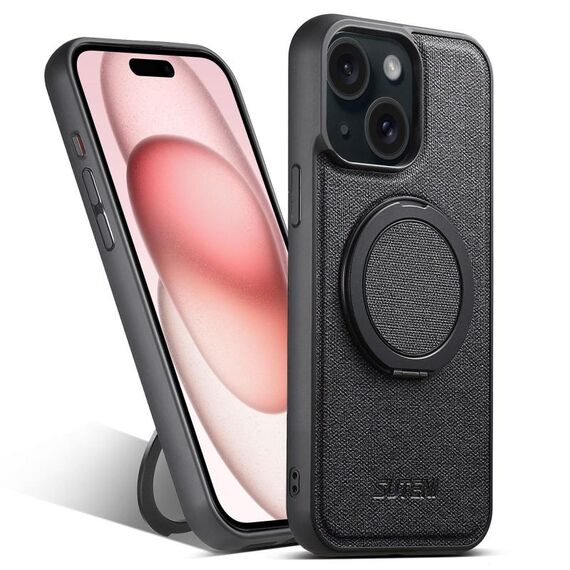 Per iPhone 15 Suteni G3 360 Supporto Rotante MagSafe Custodia Posteriore in Pelle Denim per Telefono (Nero)