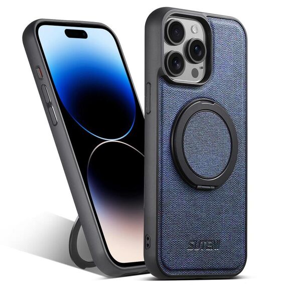 Per iPhone 14 Pro Suteni G3 360 Supporto Rotante MagSafe Custodia Posteriore in Pelle Denim per Telefono (Blu)
