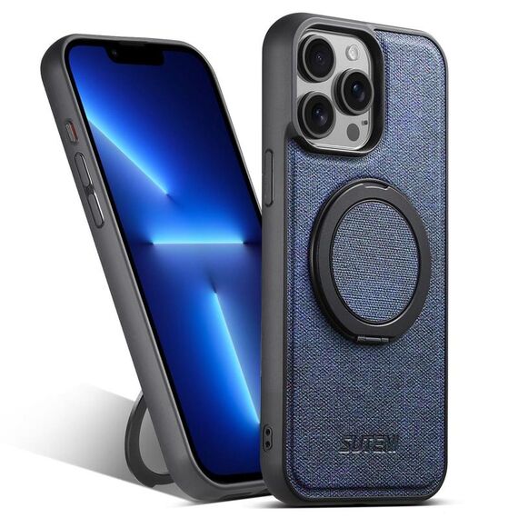 Per iPhone 13 Pro Suteni G3 360 Supporto Rotante MagSafe Custodia Posteriore in Pelle Denim per Telefono (Blu)