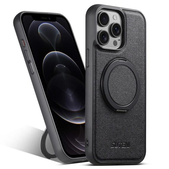Per iPhone 12 Pro Suteni G3 360 Supporto Rotante MagSafe Custodia Posteriore in Pelle Denim per Telefono (Nero)