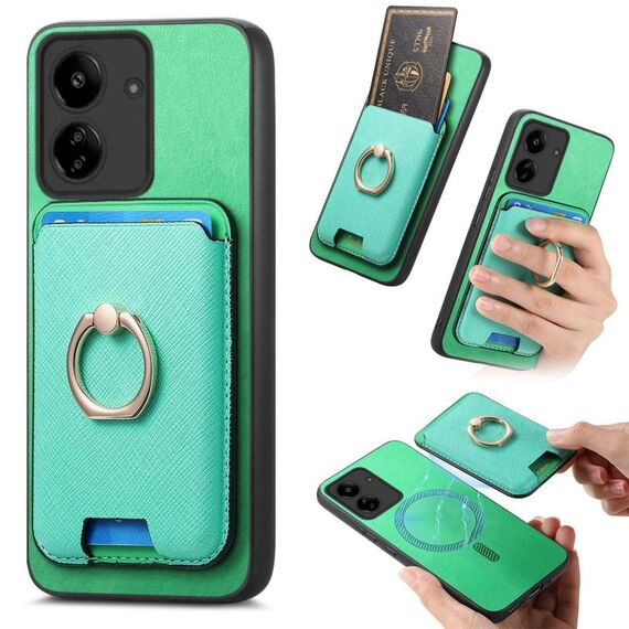 Per Redmi 13C / Poco C65 Retro Cross Leather Ring Vertical Insert Card Bag MagSafe Custodia per telefono (verde)
