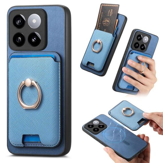Per Xiaomi 14 5G Retro Cross Leather Ring Vertical Insert Card Bag MagSafe Custodia per telefono (blu)