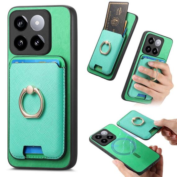 Per Xiaomi 14 5G Retro Cross Leather Ring Vertical Insert Card Bag MagSafe Custodia per telefono (verde)