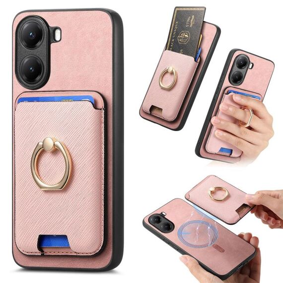 Per Redmi Turbo 4 Retro Cross Leather Ring Vertical Insert Card Bag MagSafe Custodia per telefono (rosa)
