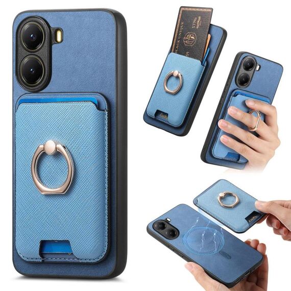 Per Xiaomi Poco X7 Pro Retro Cross Leather Ring Vertical Insert Card Bag MagSafe Custodia per telefono (blu)