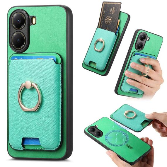 Per Xiaomi Poco X7 Pro Retro Cross Leather Ring Vertical Insert Card Bag MagSafe Custodia per telefono (verde)