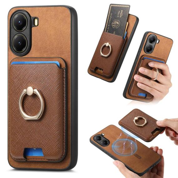 Per Xiaomi Poco X7 Pro Retro Cross Leather Ring Vertical Insert Card Bag MagSafe Custodia per telefono (marrone)