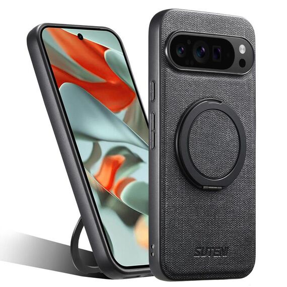 Per Google Pixel 9 Pro XL Suteni G3 360 Supporto Rotante MagSafe Denim Custodia Posteriore in Pelle per Telefono (Nero)