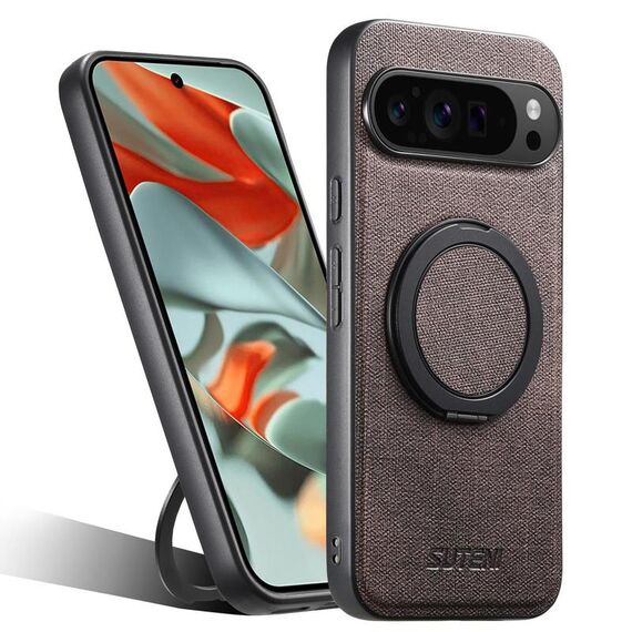 Per Google Pixel 9 Pro XL Suteni G3 360 Supporto Rotante MagSafe Denim Custodia Posteriore in Pelle per Telefono (Marrone)